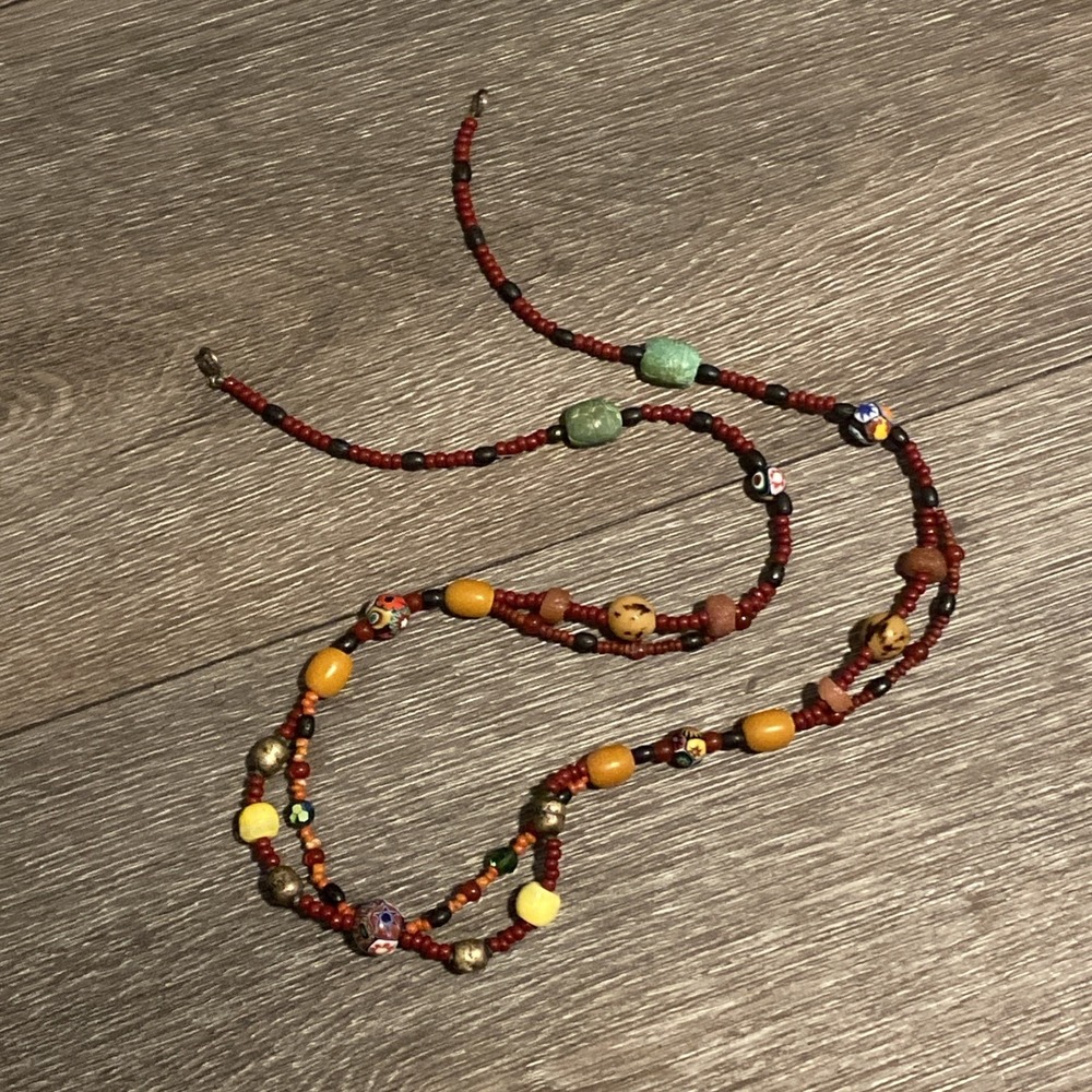 Vtg Egyptian Scarab Venetian Glass Wood Gem Bead Necklace Station Carved Beaded
